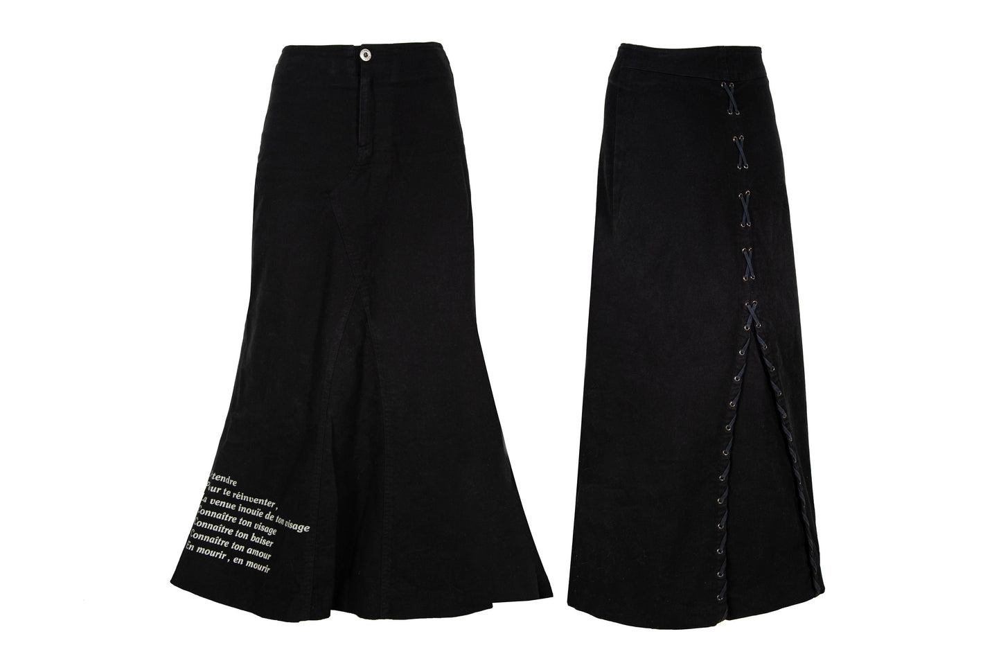 1990s printed message black cotton corset back maxi skirt - Made in Spain