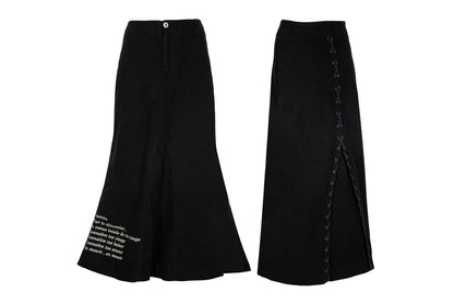 1990s printed message black cotton corset back maxi skirt - Made in Spain