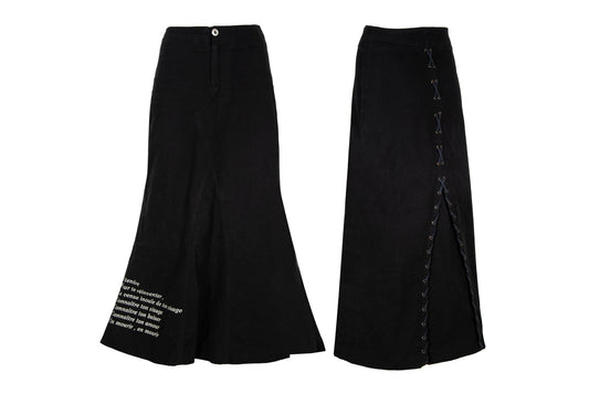 1990s printed message black cotton corset back maxi skirt - Made in Spain