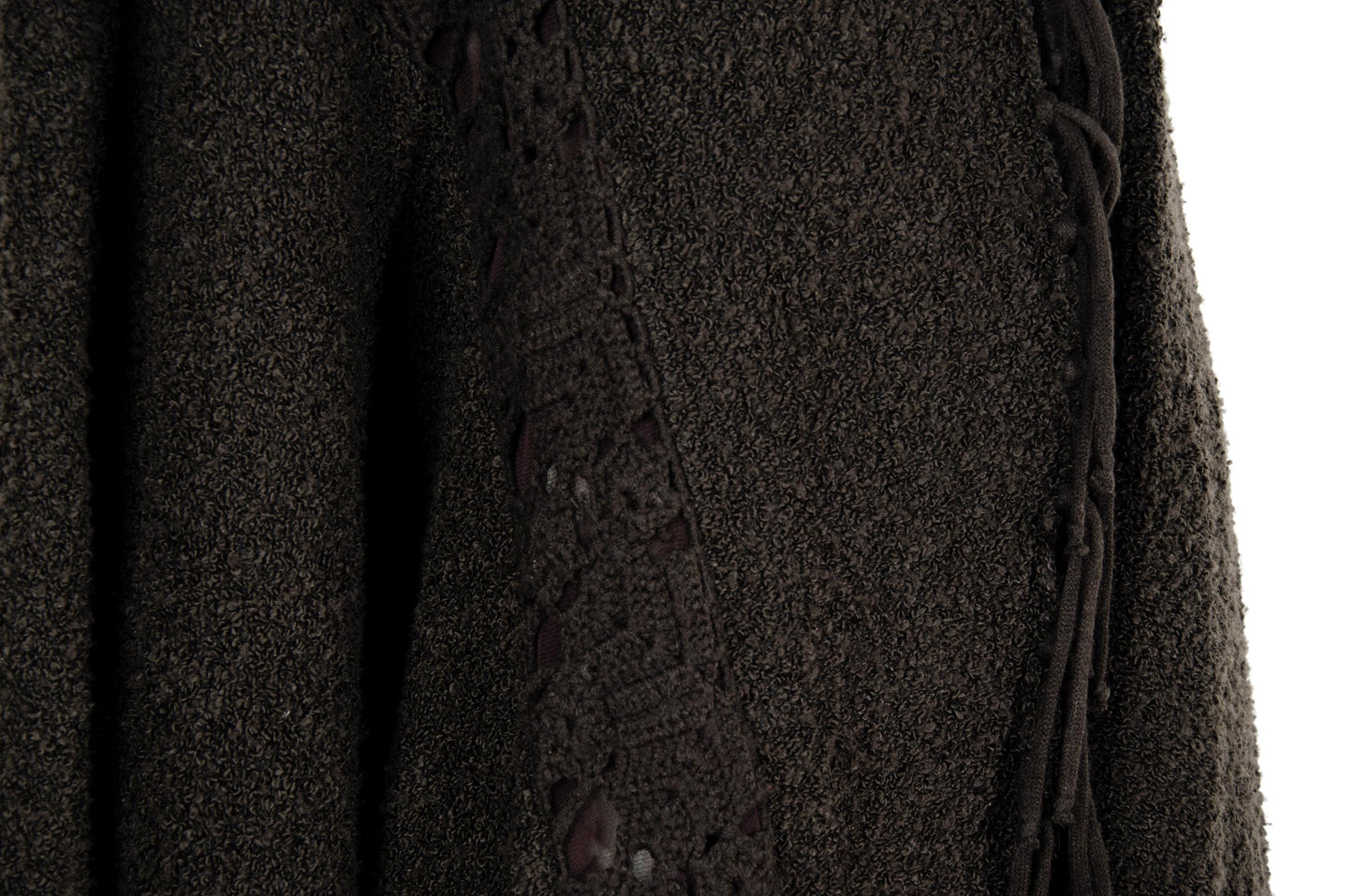 Vintage brown bouclé knit fringe poncho with integrated scarf