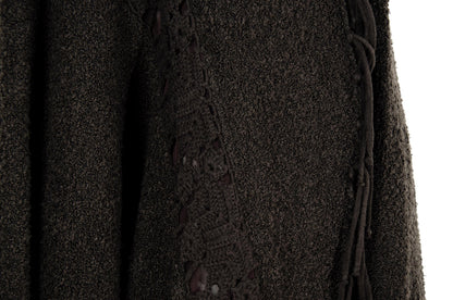 Vintage brown bouclé knit fringe poncho with integrated scarf