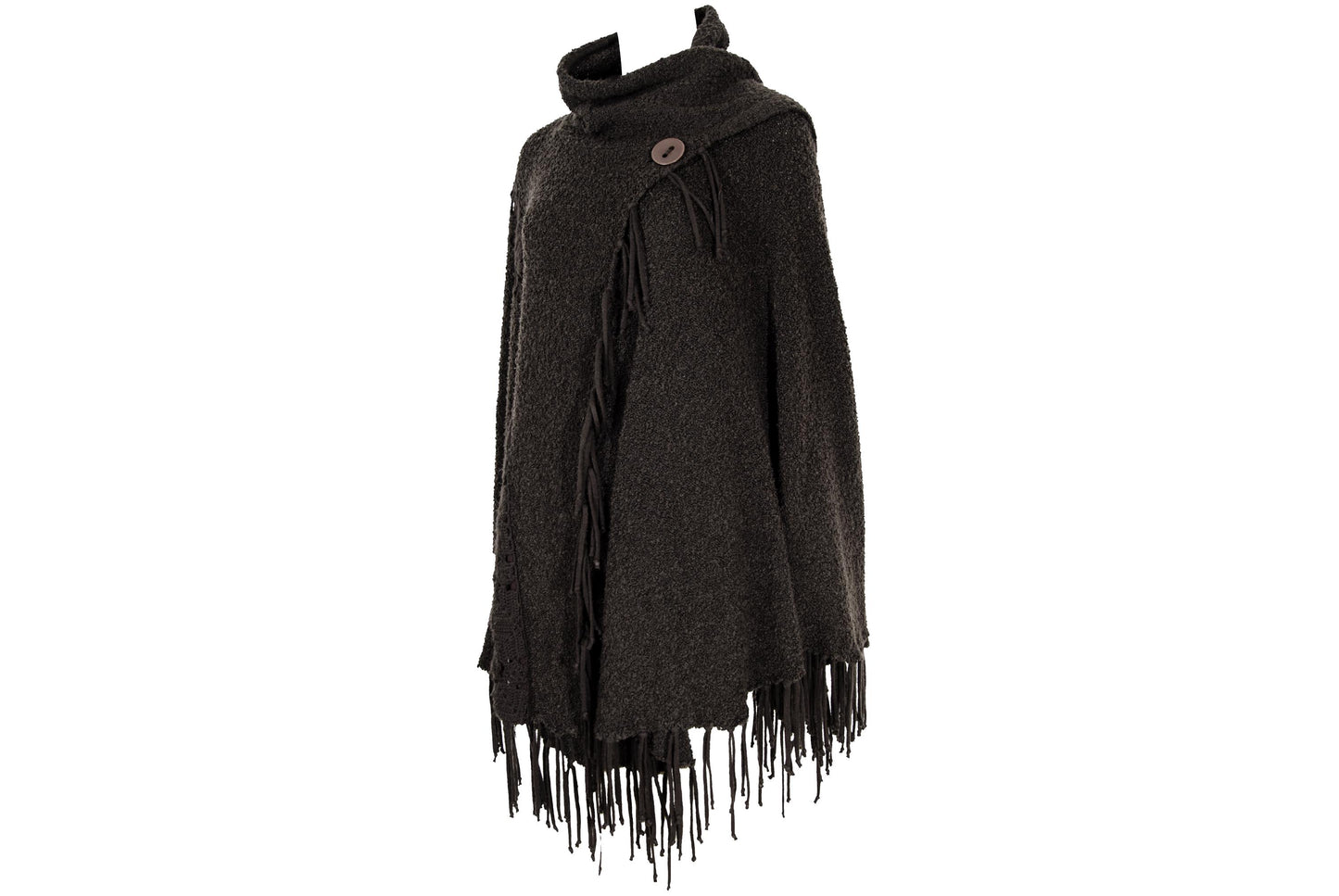 Vintage brown bouclé knit fringe poncho with integrated scarf