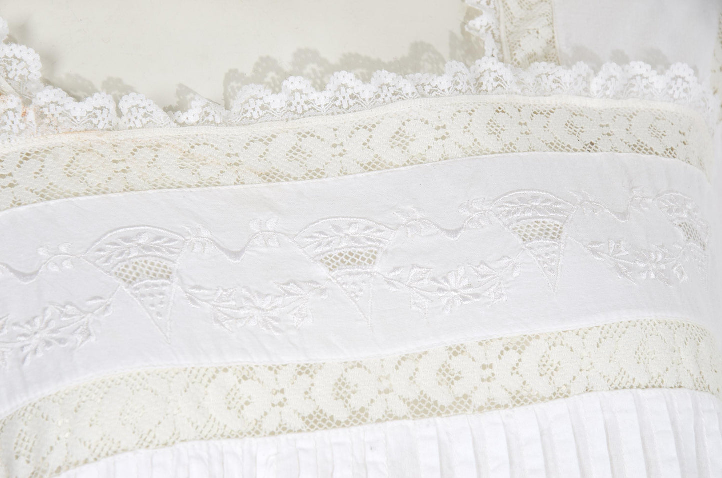 1970s Victorian revival square neck lace details white dress / Made in India