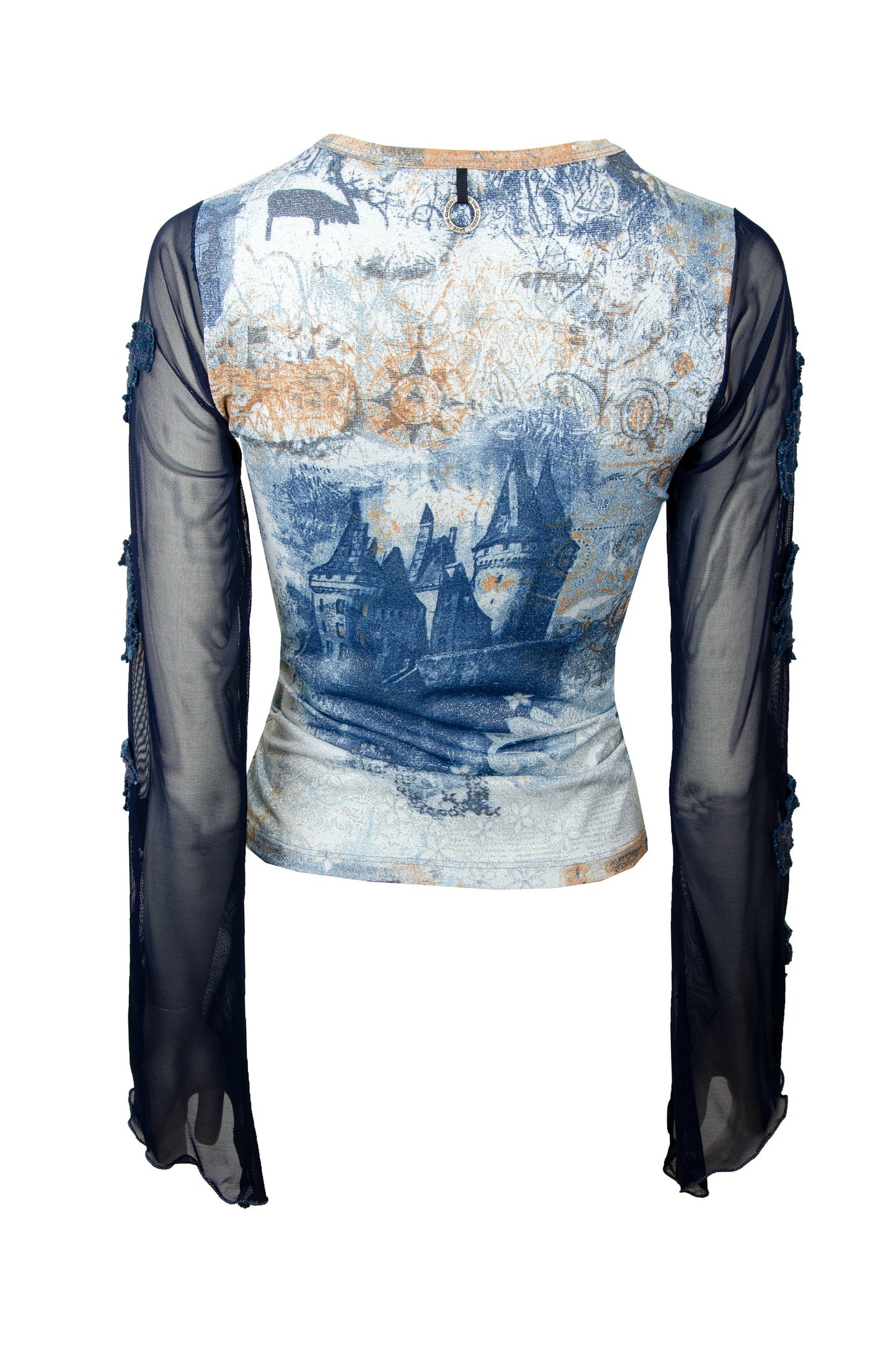 Save The Queen vintage sheer mesh bell sleeves top / Lettuce edge mesh flared sleeves top / Collage fantasy print top