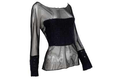 2000s Italian designer sheer black mesh top with boiled wool inserts / Made in Italy
