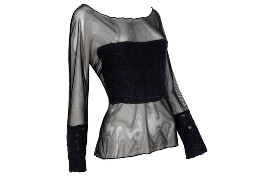 2000s Italian designer sheer black mesh top with boiled wool inserts / Made in Italy