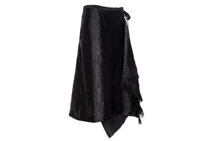 Marni black jacquard satin asymmetrical wrap skirt with fringe hem