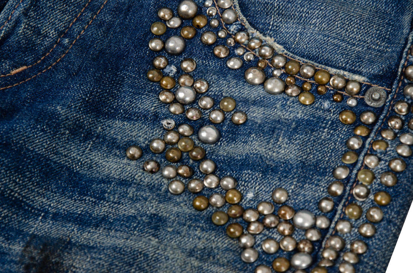 Vintage Enchantement...? mud wash low rise bootcut distressed studded jeans / Made in Japan