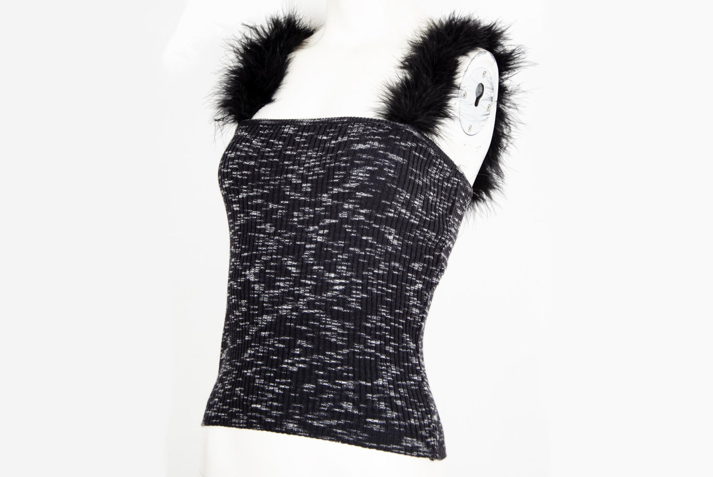Vintage Amaya Arzuaga wool knit top with black feathers straps / Made in Spain