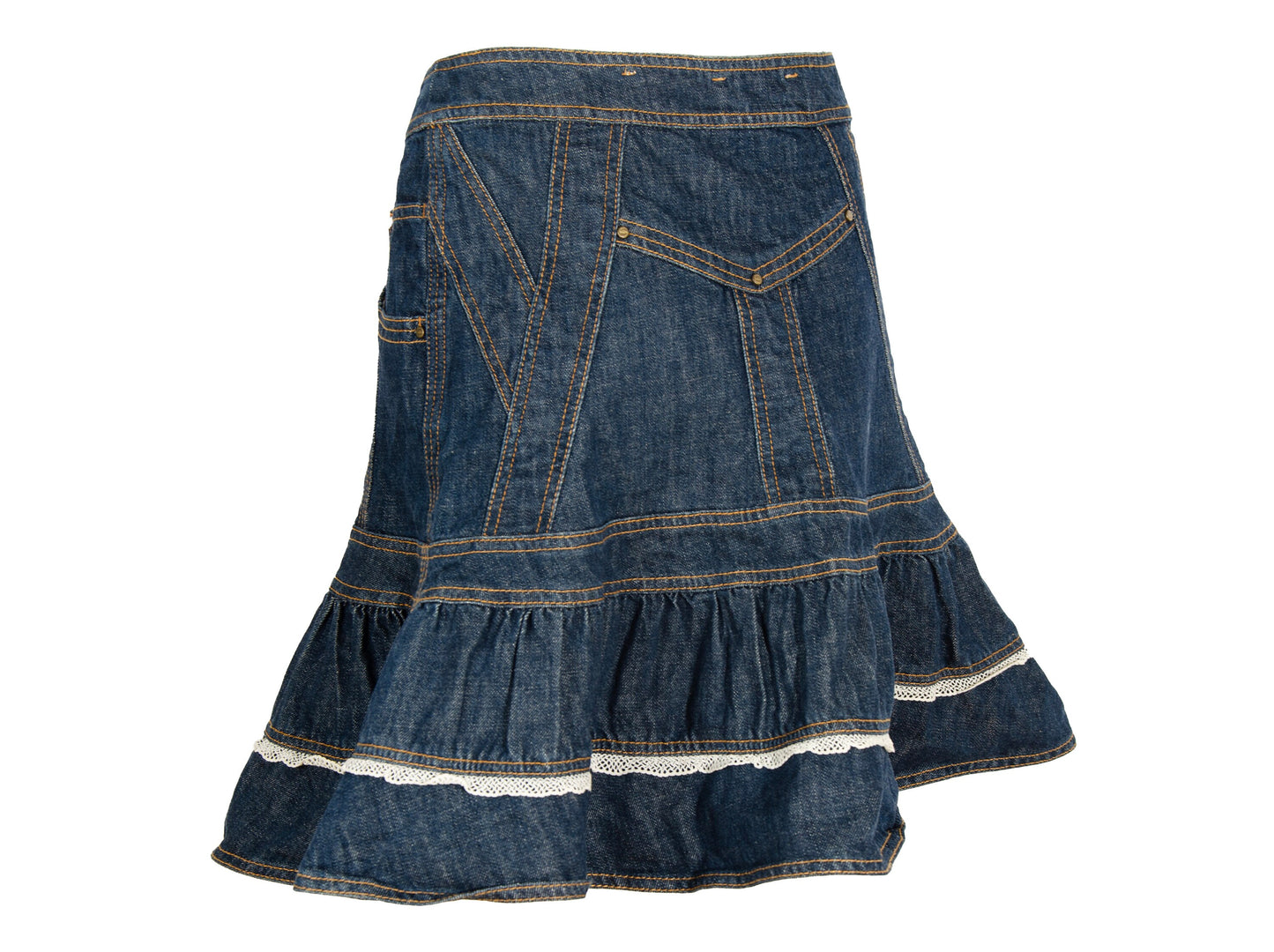 90s Antonio Berardi 2die4 flared denim skirt with crochet trim