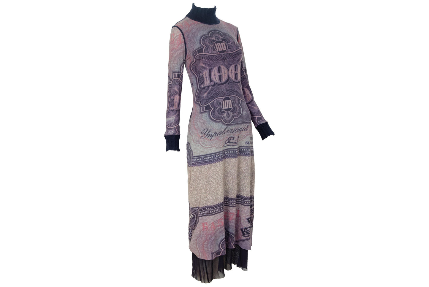 Vintage Italian Designer Currency Print Mesh Dress with Mohair Collar & Cuffs - Early 2000s - Made in Italy
