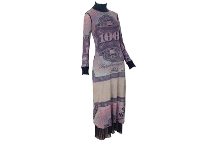 Vintage Italian Designer Currency Print Mesh Dress with Mohair Collar & Cuffs - Early 2000s - Made in Italy