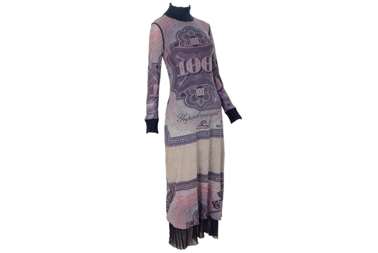 Vintage Italian Designer Currency Print Mesh Dress with Mohair Collar & Cuffs - Early 2000s - Made in Italy