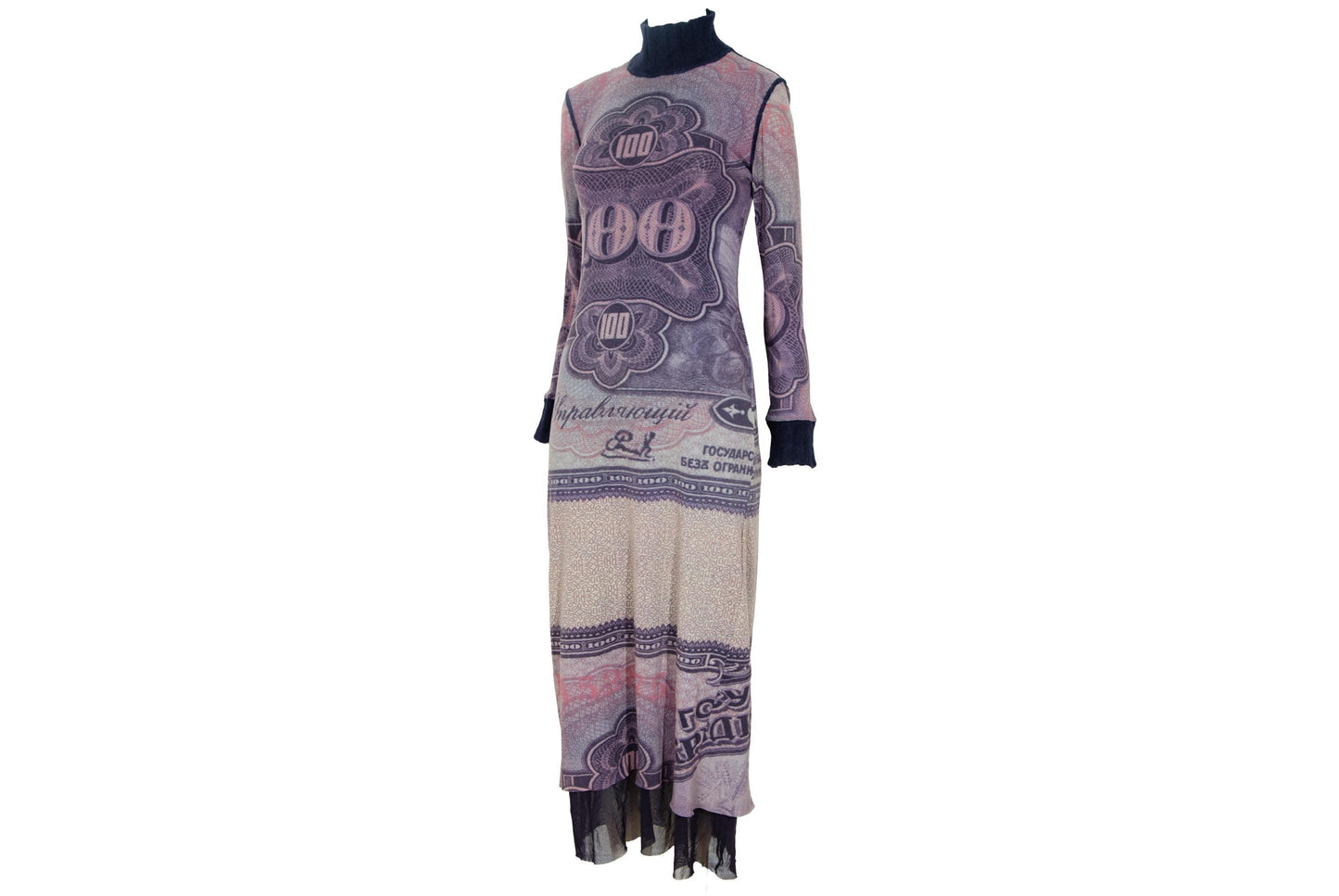 Vintage Italian Designer Currency Print Mesh Dress with Mohair Collar & Cuffs - Early 2000s - Made in Italy