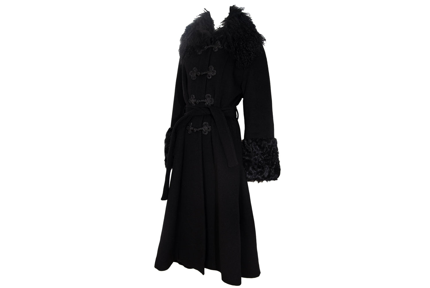 Vintage Black Wool & Cashmere Frog Closure Afghan Style Coat with Tibetan Fur