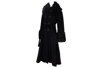 Vintage Black Wool & Cashmere Frog Closure Afghan Style Coat with Tibetan Fur