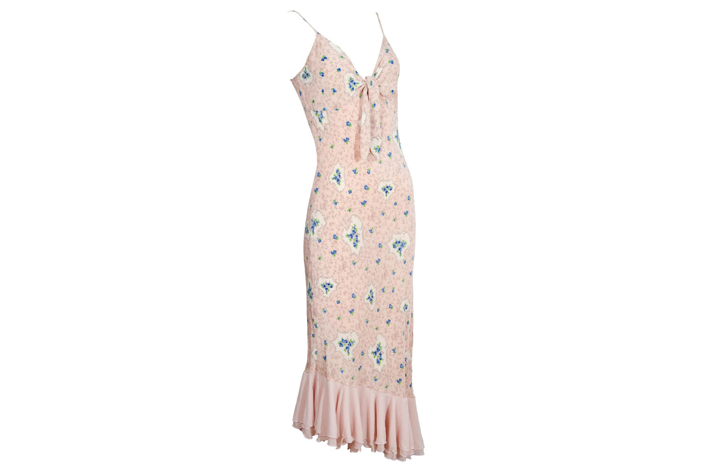 Vintage 100% silk pink floral print dress with blue rhinestones / Made in Italy