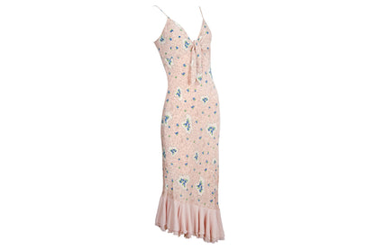 Vintage 100% silk pink floral print dress with blue rhinestones / Made in Italy