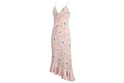 Vintage 100% silk pink floral print dress with blue rhinestones / Made in Italy