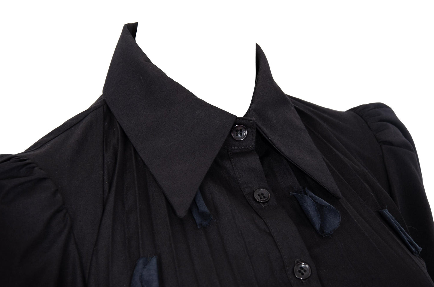 Vintage French brand black permanent pleats button front shirt with fabric appliqué details
