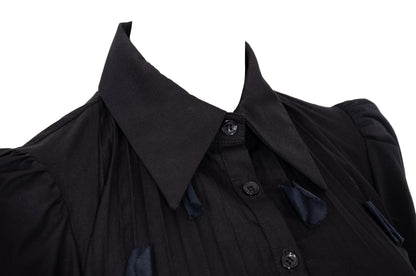 Vintage French brand black permanent pleats button front shirt with fabric appliqué details