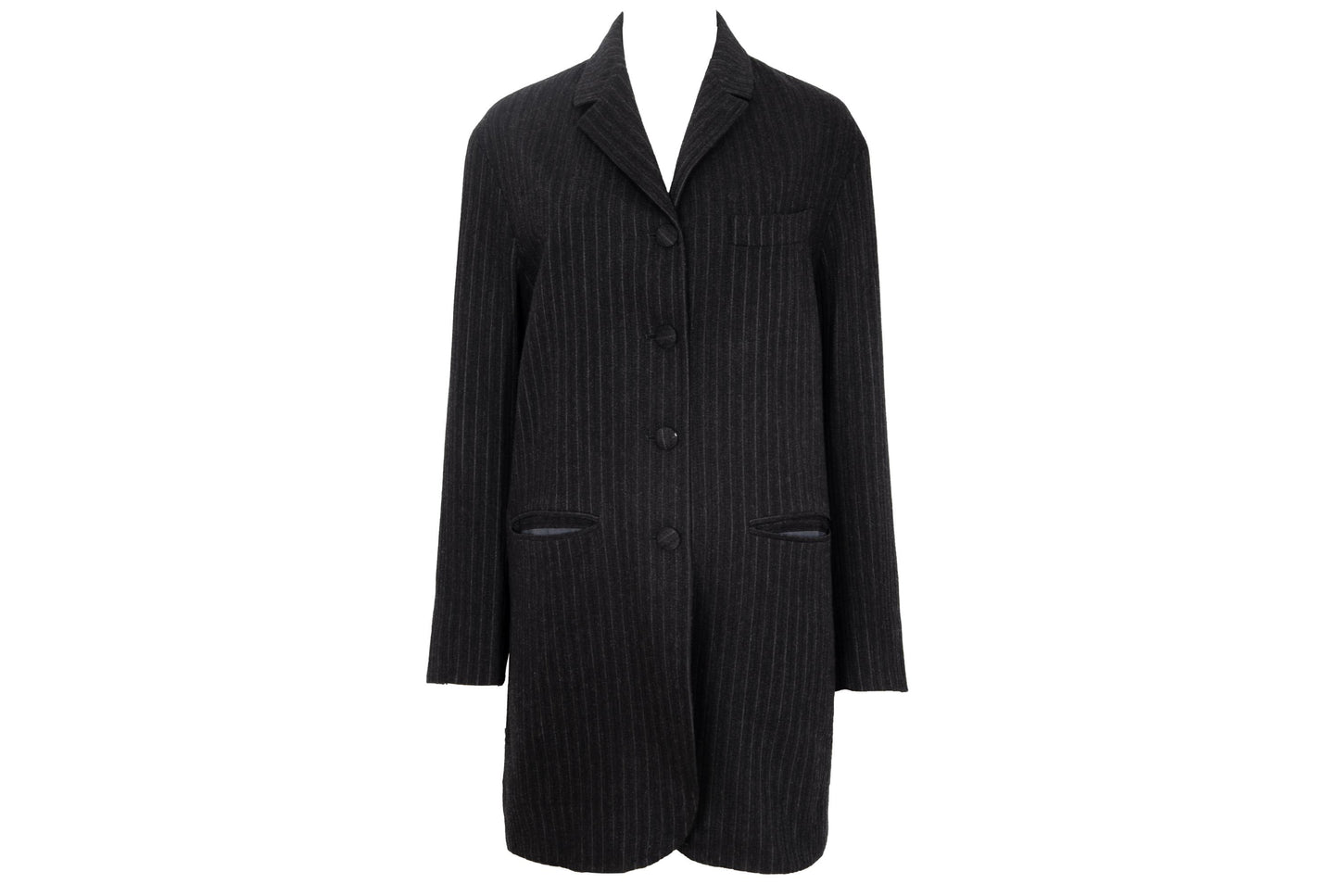 90s Romeo Gigli wool pinstripe dark charcoal long blazer / Made in Italy