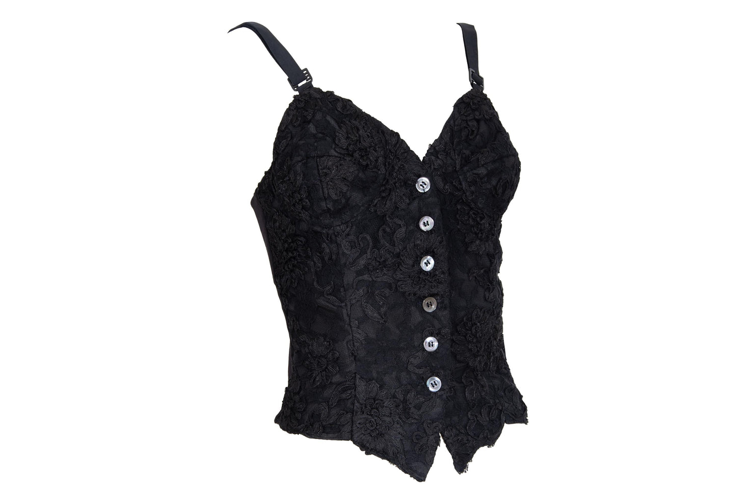 90s black floral lace leather back panel bustier / Made in Italy