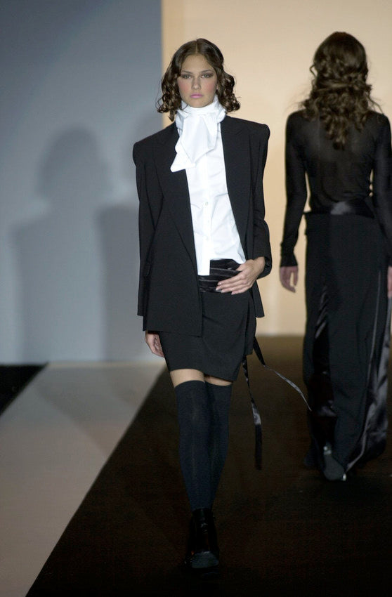 F/W 2001 Simultaneous black mini wrap skirt with pleated satin cummerbund waistband