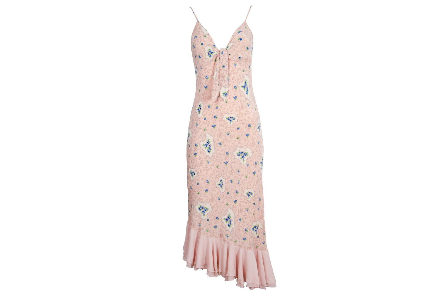 Vintage 100% silk pink floral print dress with blue rhinestones / Made in Italy