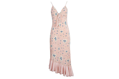 Vintage 100% silk pink floral print dress with blue rhinestones / Made in Italy