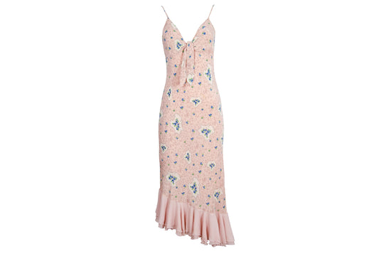Vintage 100% silk pink floral print dress with blue rhinestones / Made in Italy