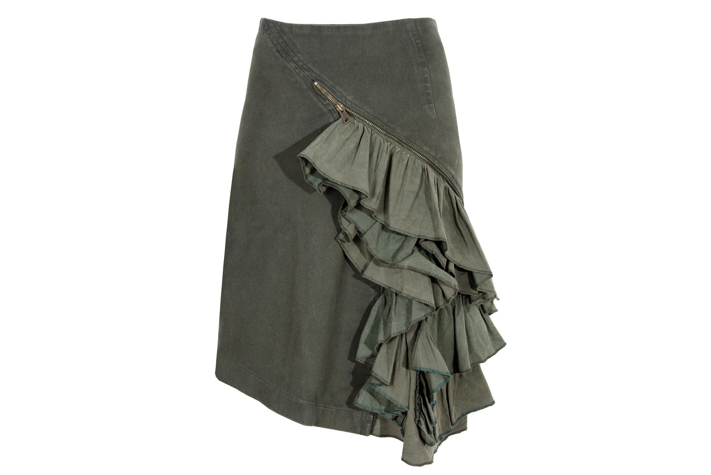 Vintage Collection Privée? khaki green military inspired asymmetrical ruffle skirt / Made in Italy