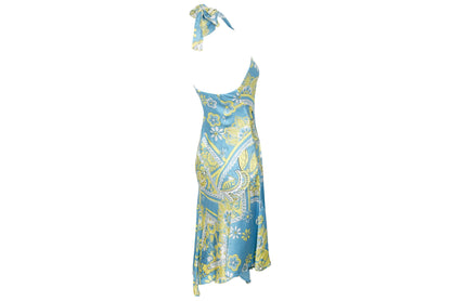 Vestido halter de sirena de seda 100% pura, bajo asimétrico y fluido, estilo vintage / Hecho en Italia