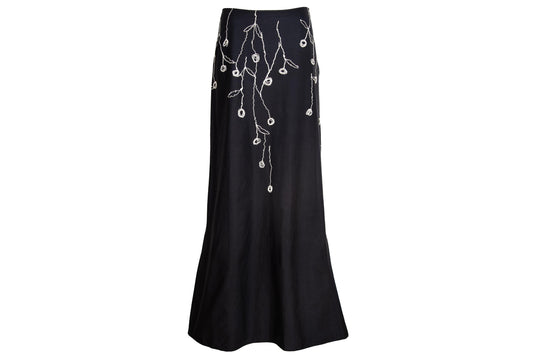 2000s Simultaneous black maxi skirt with white floral embroidery