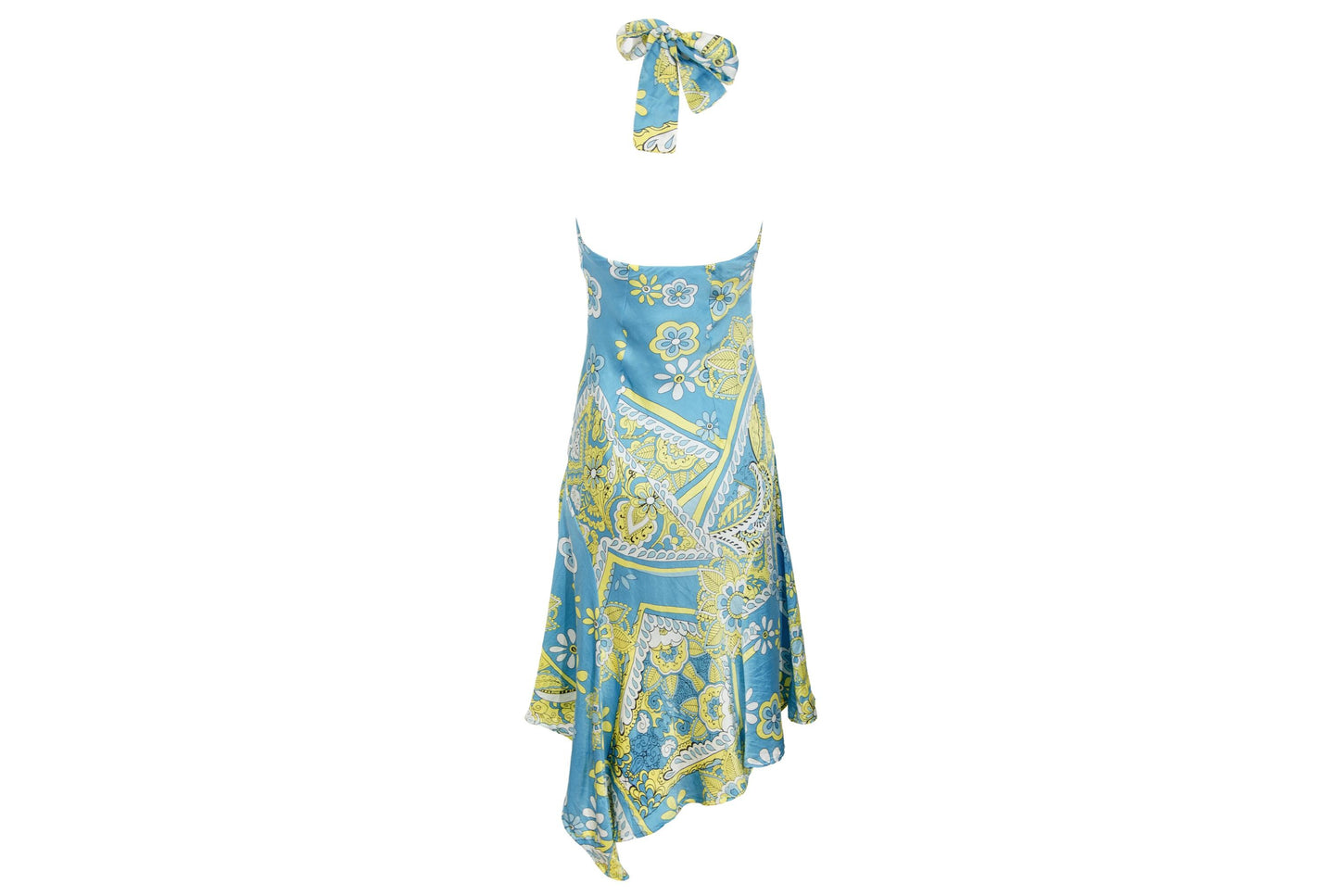 Vestido halter de sirena de seda 100% pura, bajo asimétrico y fluido, estilo vintage / Hecho en Italia