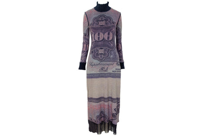 Vintage Italian Designer Currency Print Mesh Dress with Mohair Collar & Cuffs - Early 2000s - Made in Italy