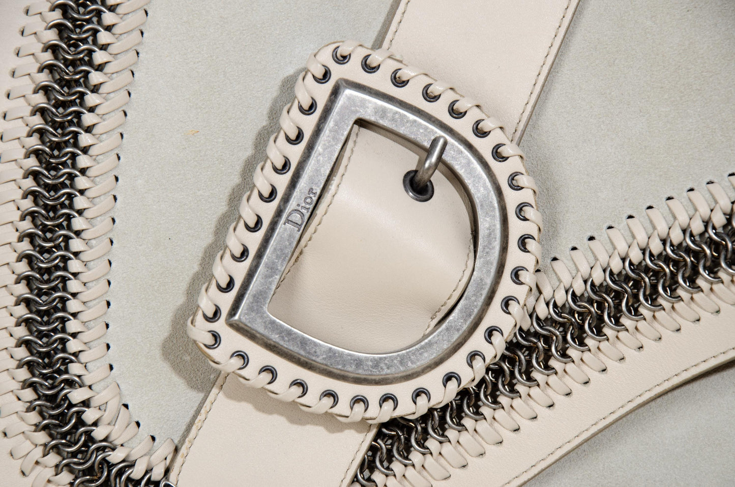 2005 Dior Gaucho bag Galliano era chainmail cream suede saddle bag / Made in Italy