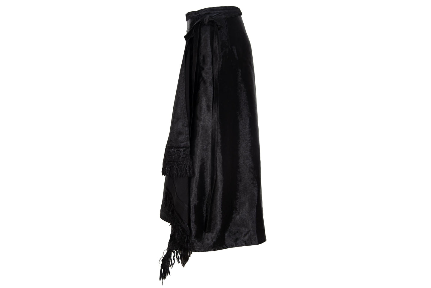 Marni black jacquard satin asymmetrical wrap skirt with fringe hem
