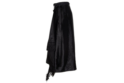 Marni black jacquard satin asymmetrical wrap skirt with fringe hem