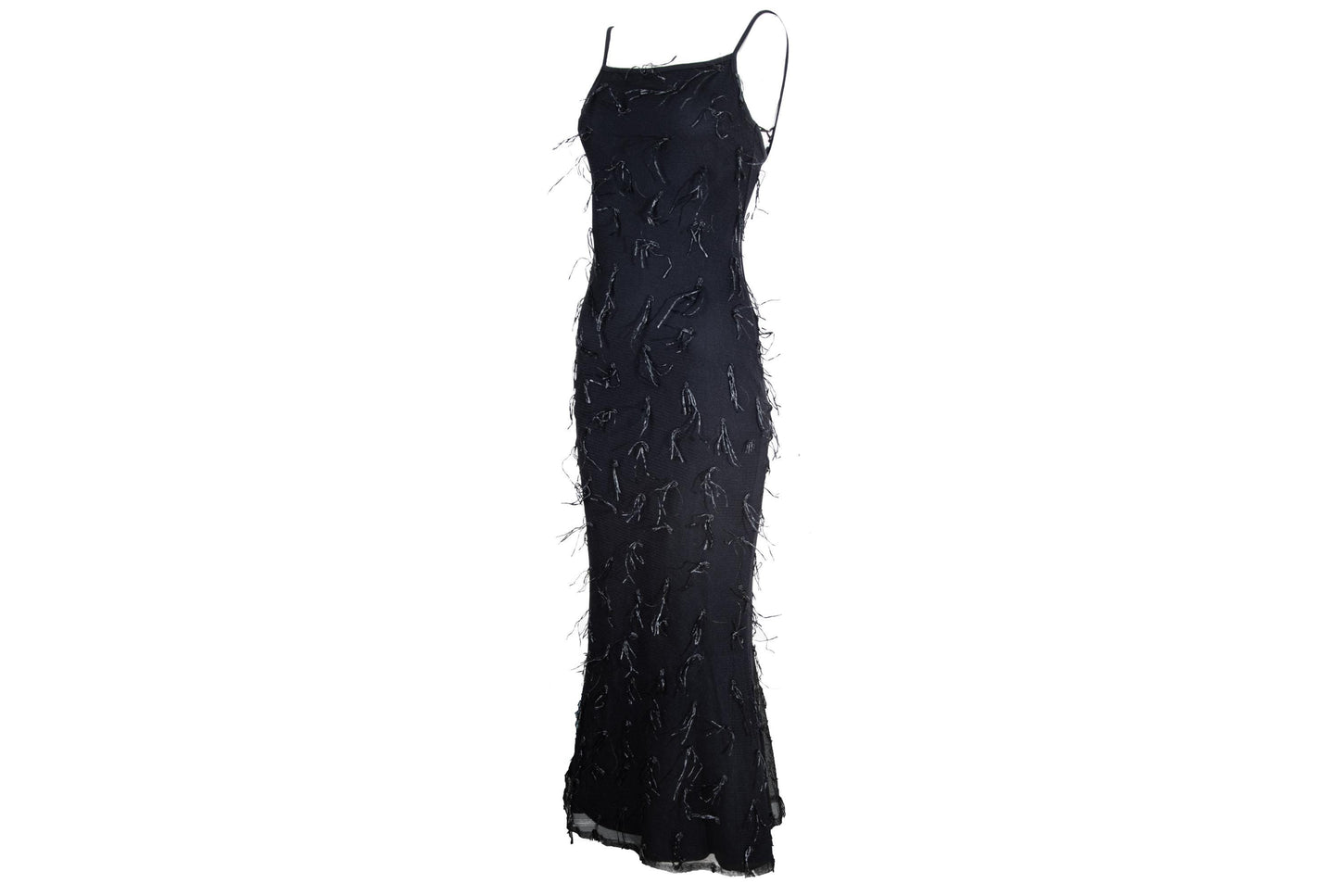 Vintage Amaya Arzuaga black mesh gown with shaggy nylon thread details / Made in Spain