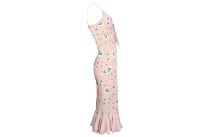 Vintage 100% silk pink floral print dress with blue rhinestones / Made in Italy