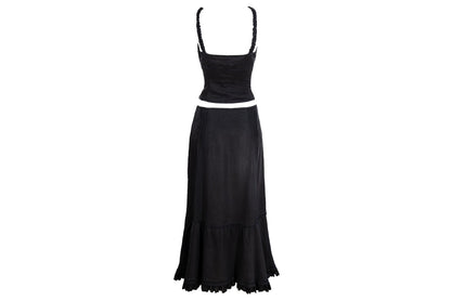 Vintage Black Linen Corset Top and Maxi Skirt Set