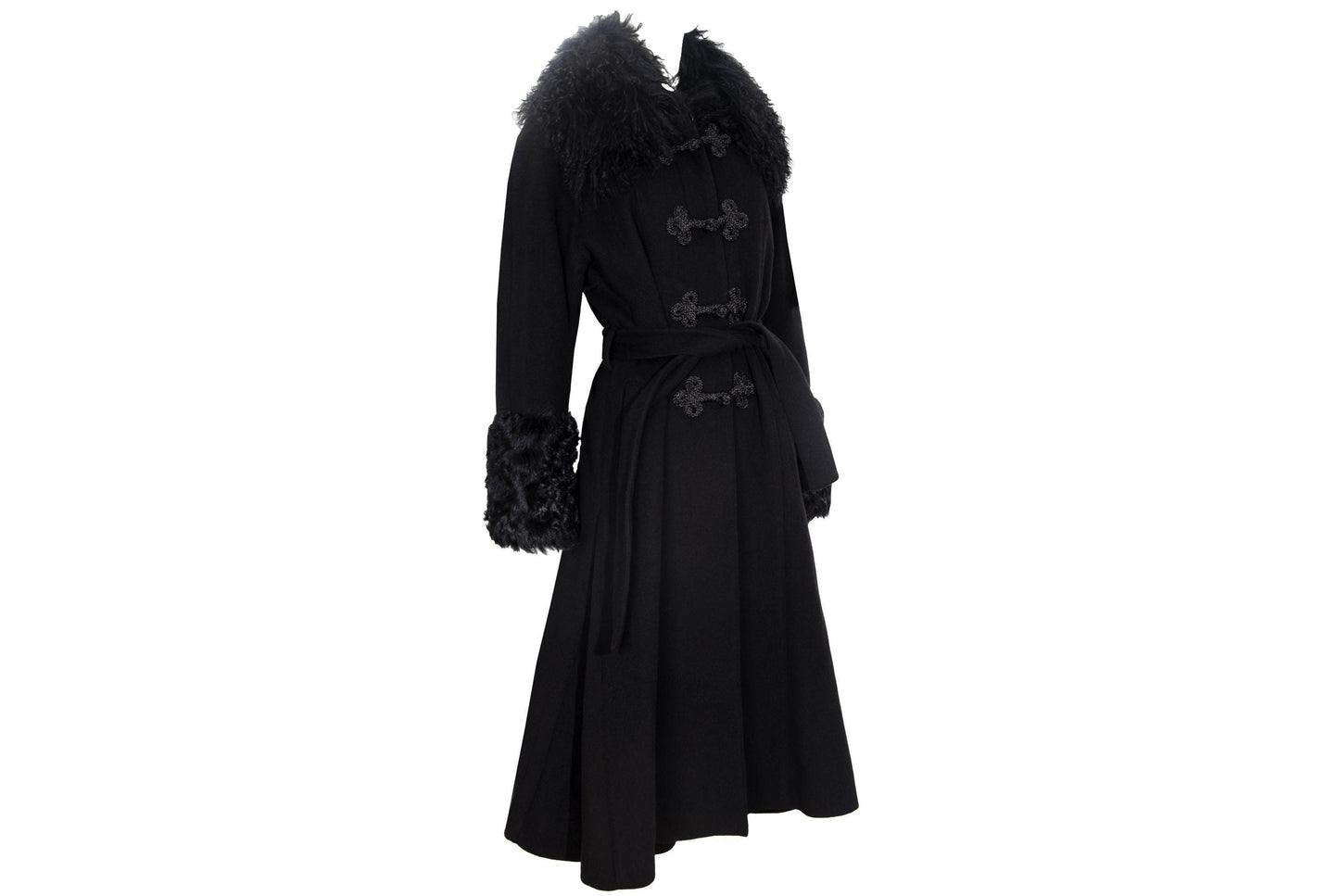 Vintage Black Wool & Cashmere Frog Closure Afghan Style Coat with Tibetan Fur