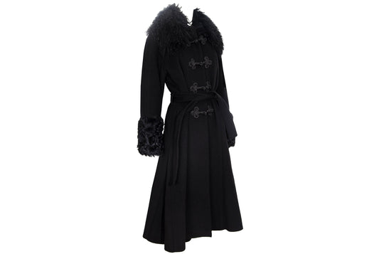 Vintage Black Wool & Cashmere Frog Closure Afghan Style Coat with Tibetan Fur