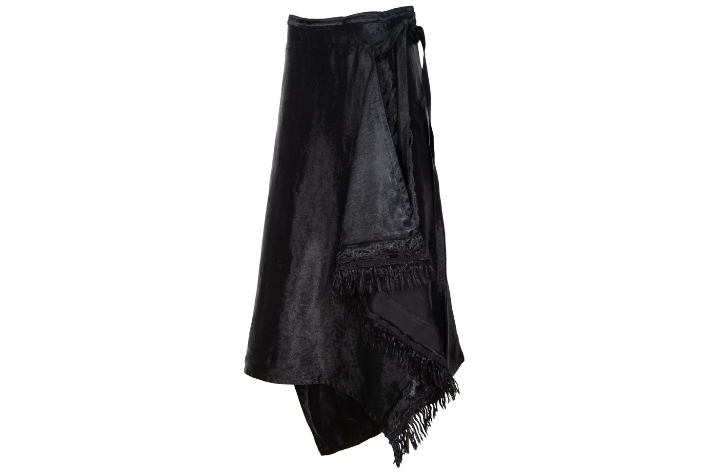 Marni black jacquard satin asymmetrical wrap skirt with fringe hem