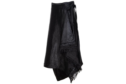 Marni black jacquard satin asymmetrical wrap skirt with fringe hem