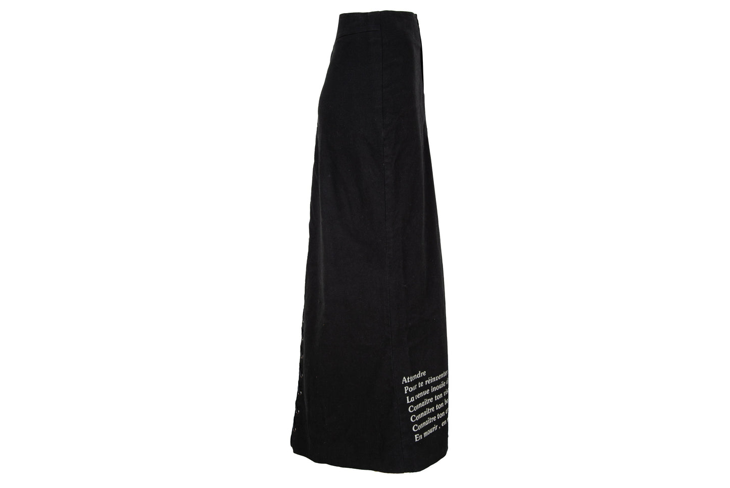 1990s printed message black cotton corset back maxi skirt - Made in Spain