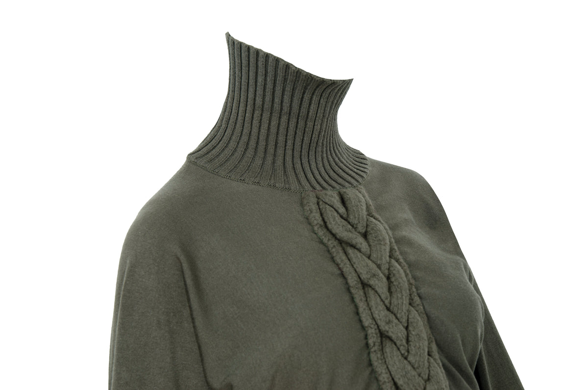 F/W 2001 Amaya Arzuaga olive green knit top with fitted waist and puff sleeves