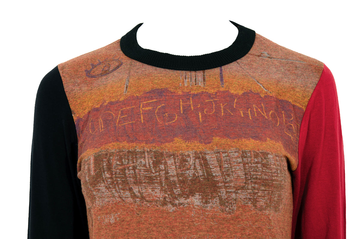 2000s Cop Copine abstract handwriting print top with mismatched long sleeves - Made in France