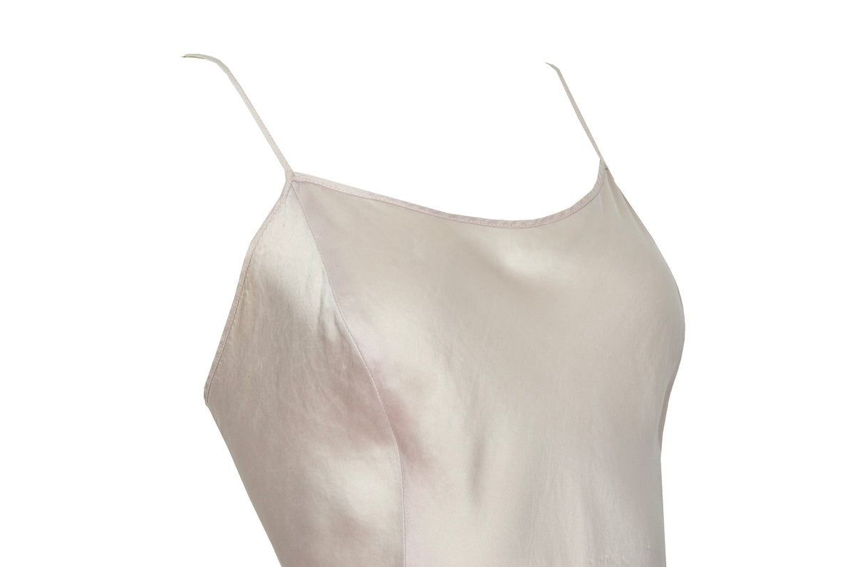 Vintage 100% silk pale blush pink open back ruffle hem spaghetti straps slip dress